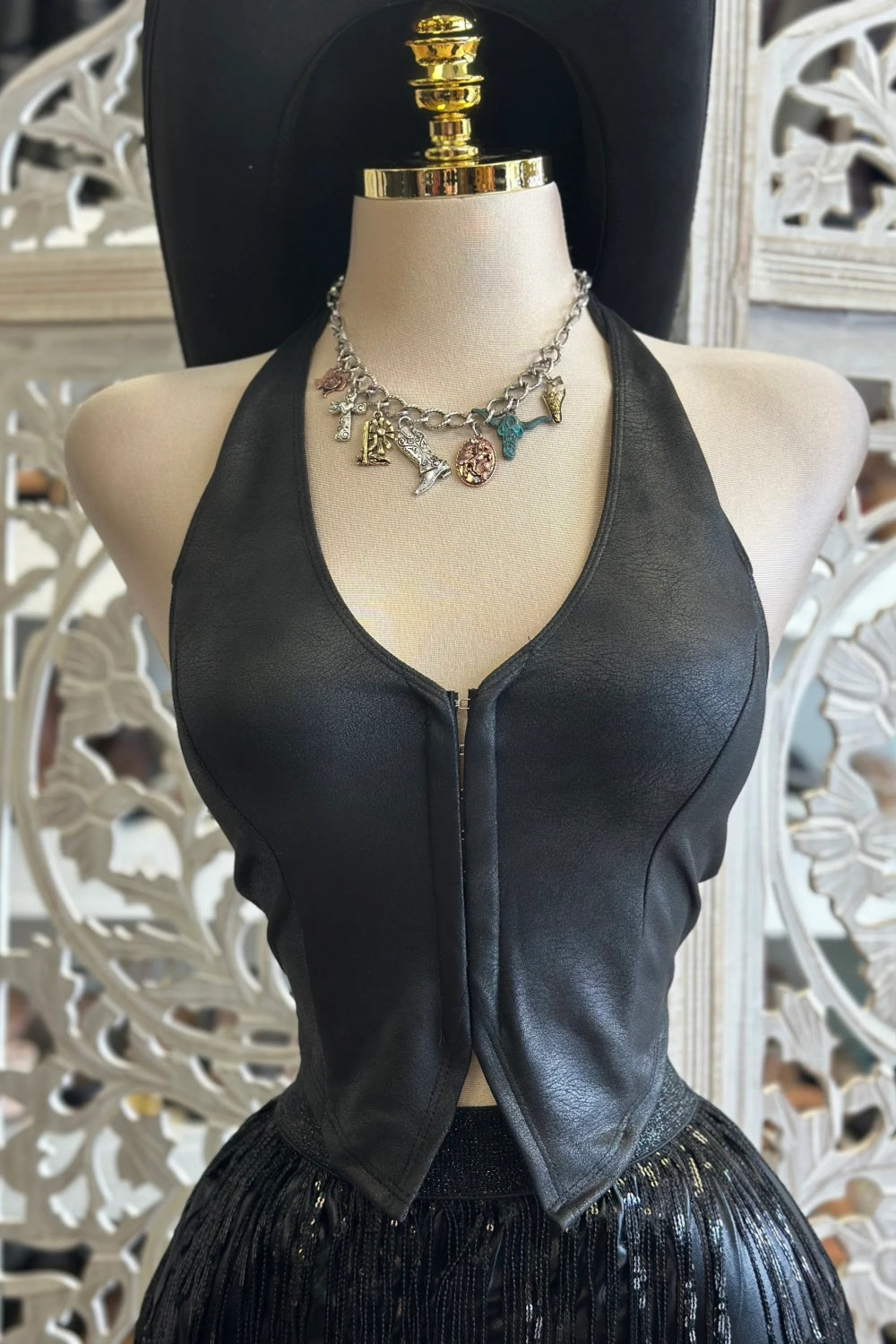 Black Faux Leather Open Back Top