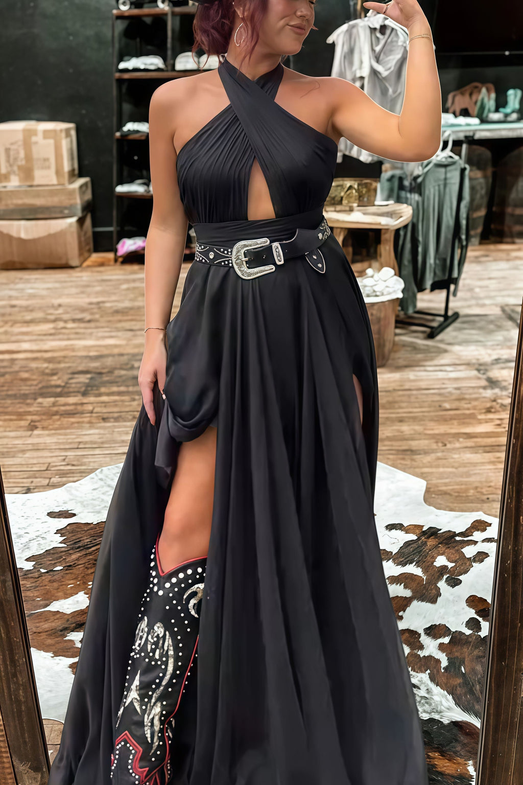 Crisscross Halter High Slit Evening Gown