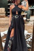 Crisscross Halter High Slit Evening Gown