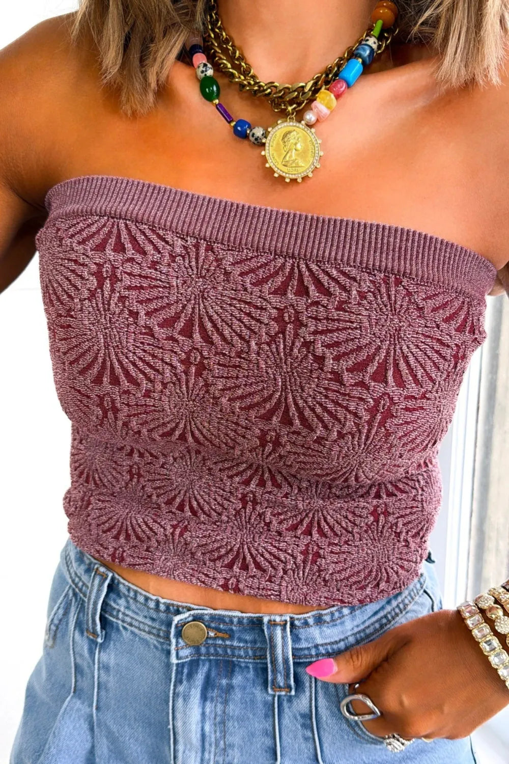 Floral Detail Strapless Tube Top