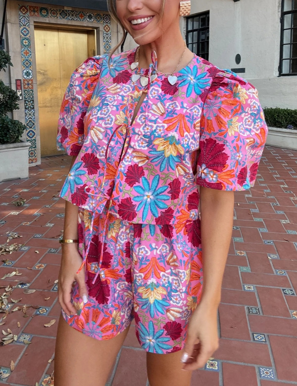Lola Hot Pink Floral Bow-Tie Cropped Top+short