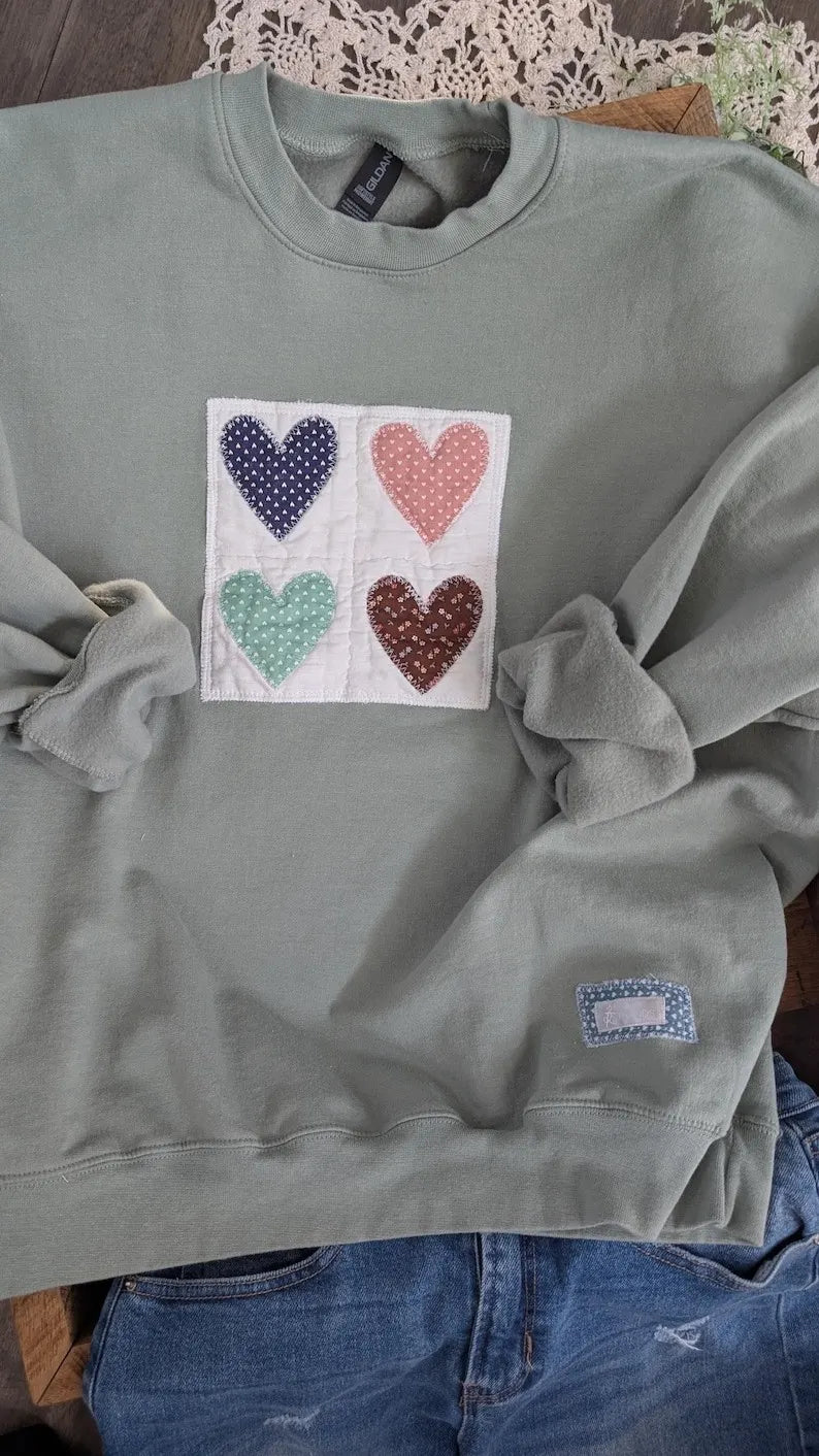 Hearts Quilt Block on Sage Crewneck