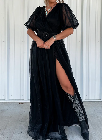 V Neckline Puff Sleeves Slit Maxi Dress