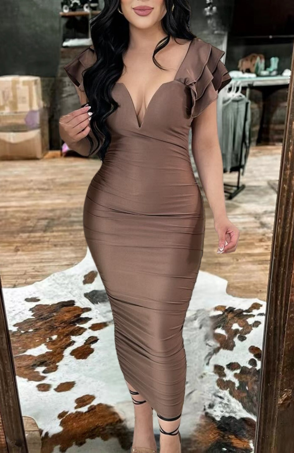 Ruffled Deep V-Neck Bodycon Midi Dress