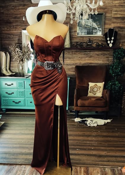 Brown Strapless Split Maxi Dress