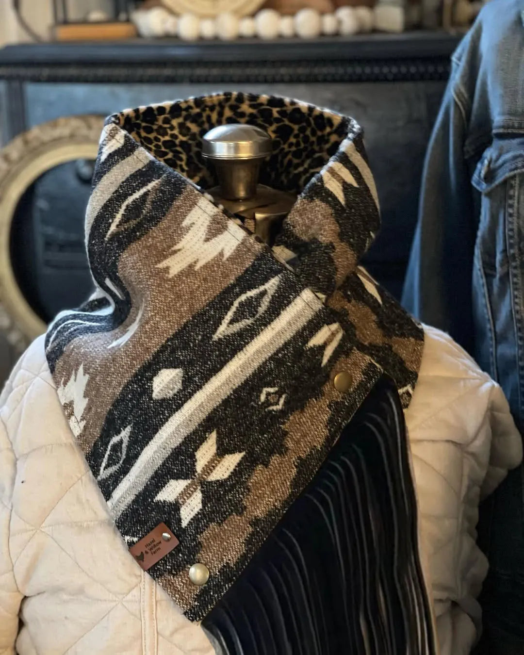 Western Fringed Scarf - Black Aztec Pattern