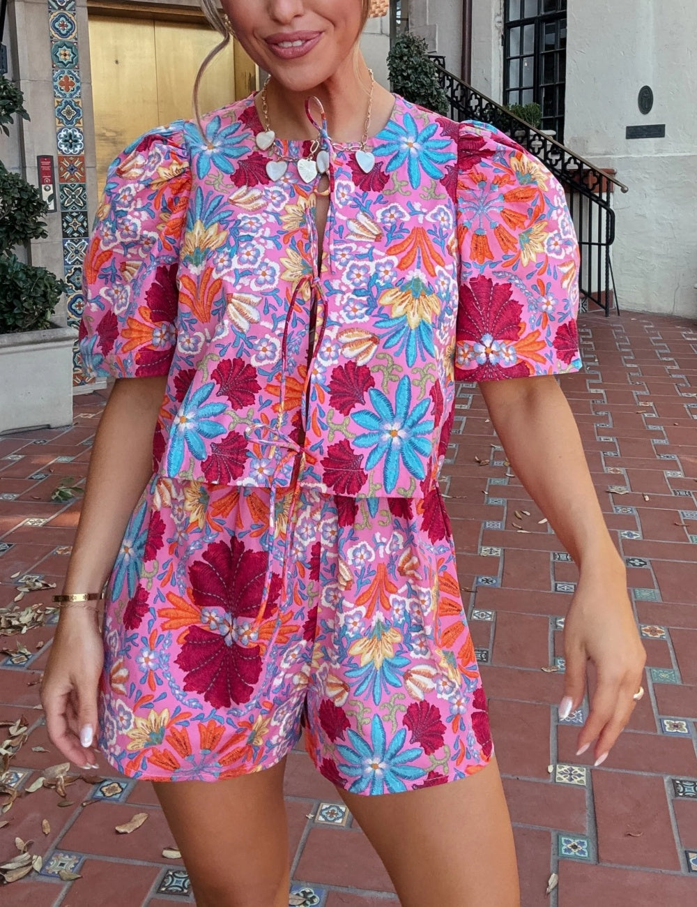 Lola Hot Pink Floral Bow-Tie Cropped Top+short