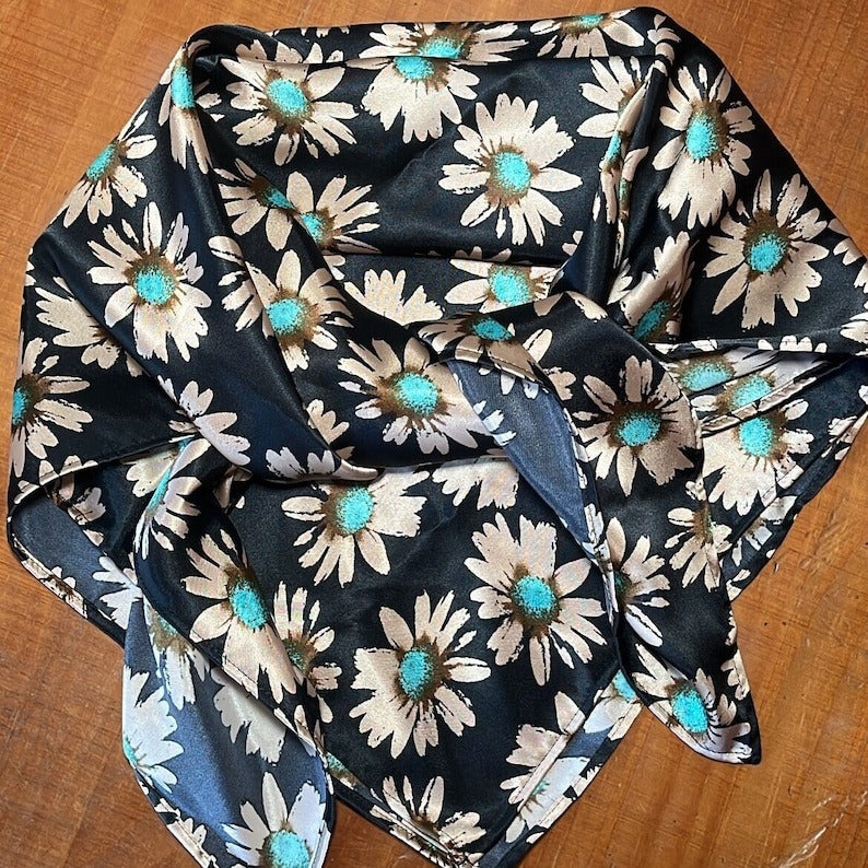 36X36" Turquoise Daisy Black Cowboy Scarf