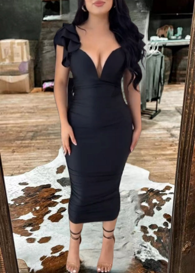 Ruffled Deep V-Neck Bodycon Midi Dress