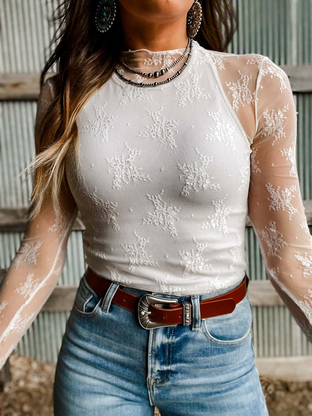 Vintage Long-sleeved floral embroidered see-through tank top