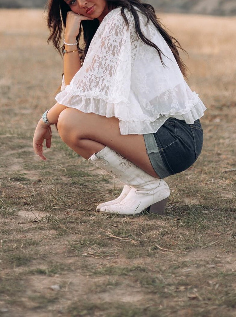 White Lace Ruffle Sleeve Top