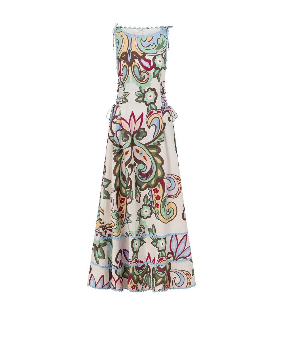 Bohemian Floral Lace-Up Waist Midi Dress