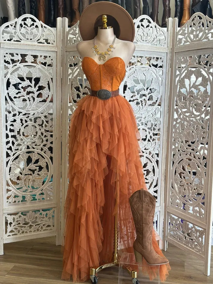 Coral Corset Ruffle Maxi Dress- Stretchy,Estira