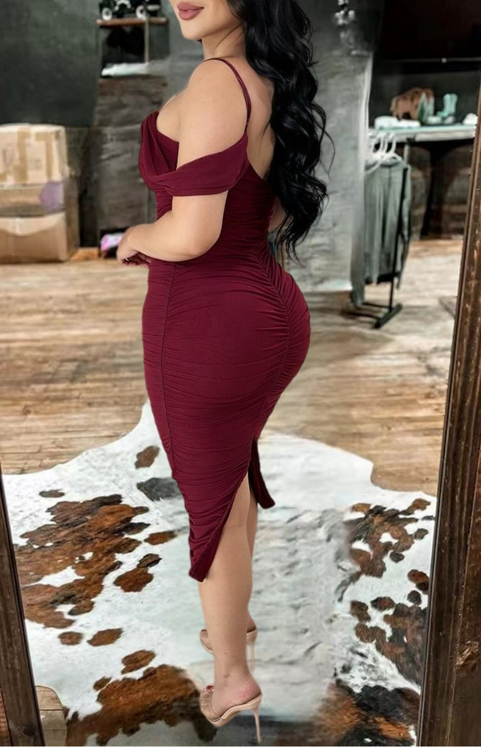 Western-Inspired Ruched Bodycon Midi Dress