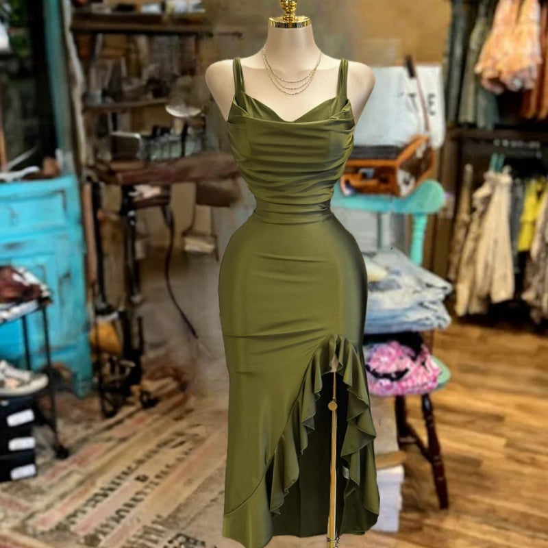 Thick Strap Heart Line Ruffle Dress -Olive Green & Dark Blue