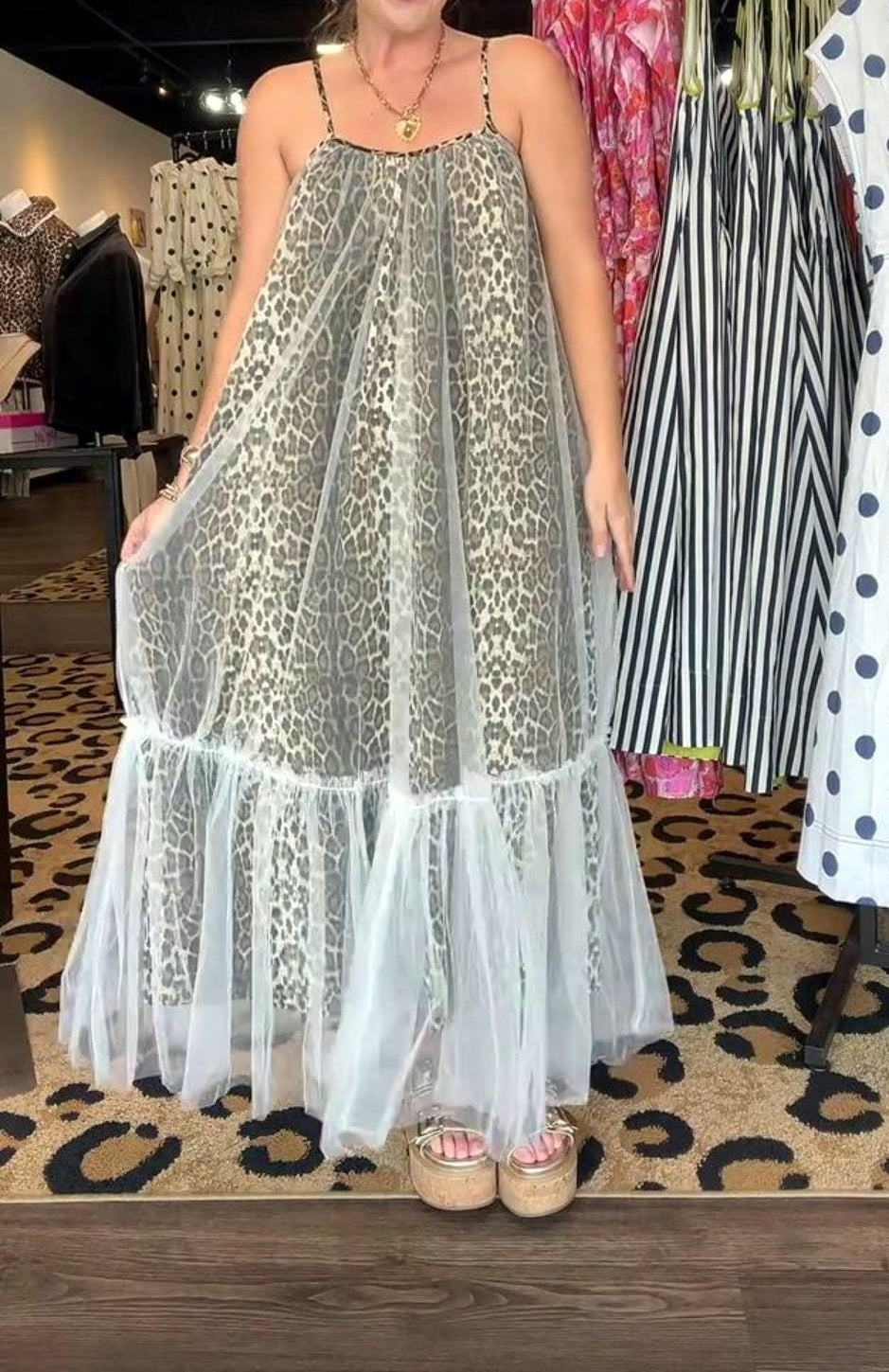 Leopard Print Mesh Maxi Dress