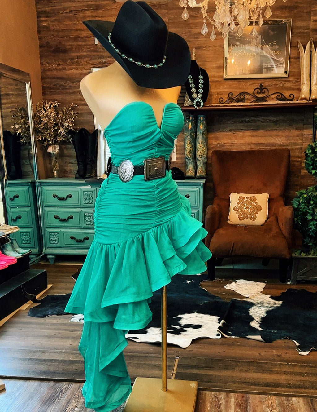 Cowgirl Green Ruffle High-Low Dress