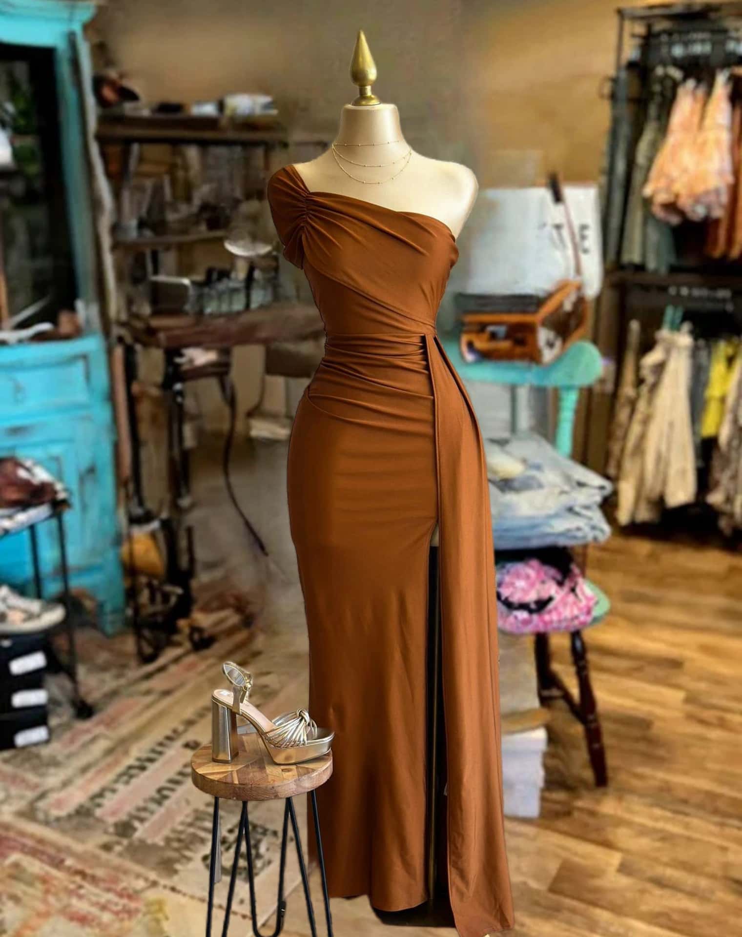 One Sleeve Draped Slit Dress
