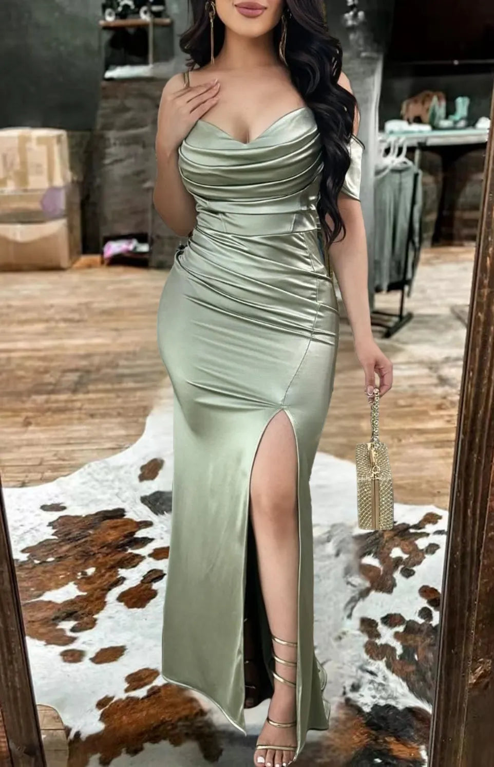 Satin Off-Shoulder Side Slit Bodycon Gown Maxi Dress