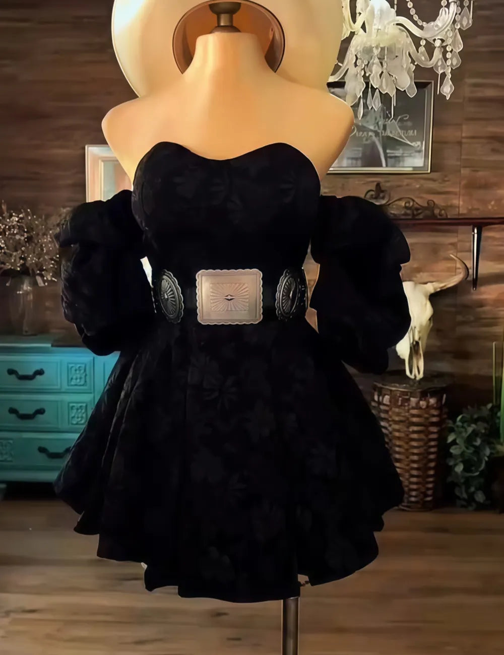 Western Off-Shoulder Black Mini Ruffle Dress