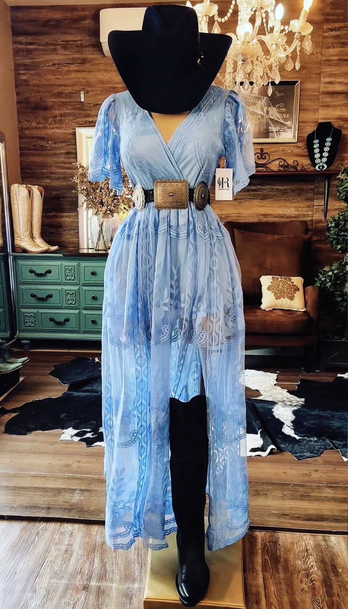 Boho Western Embroidered Mesh Maxi Dress