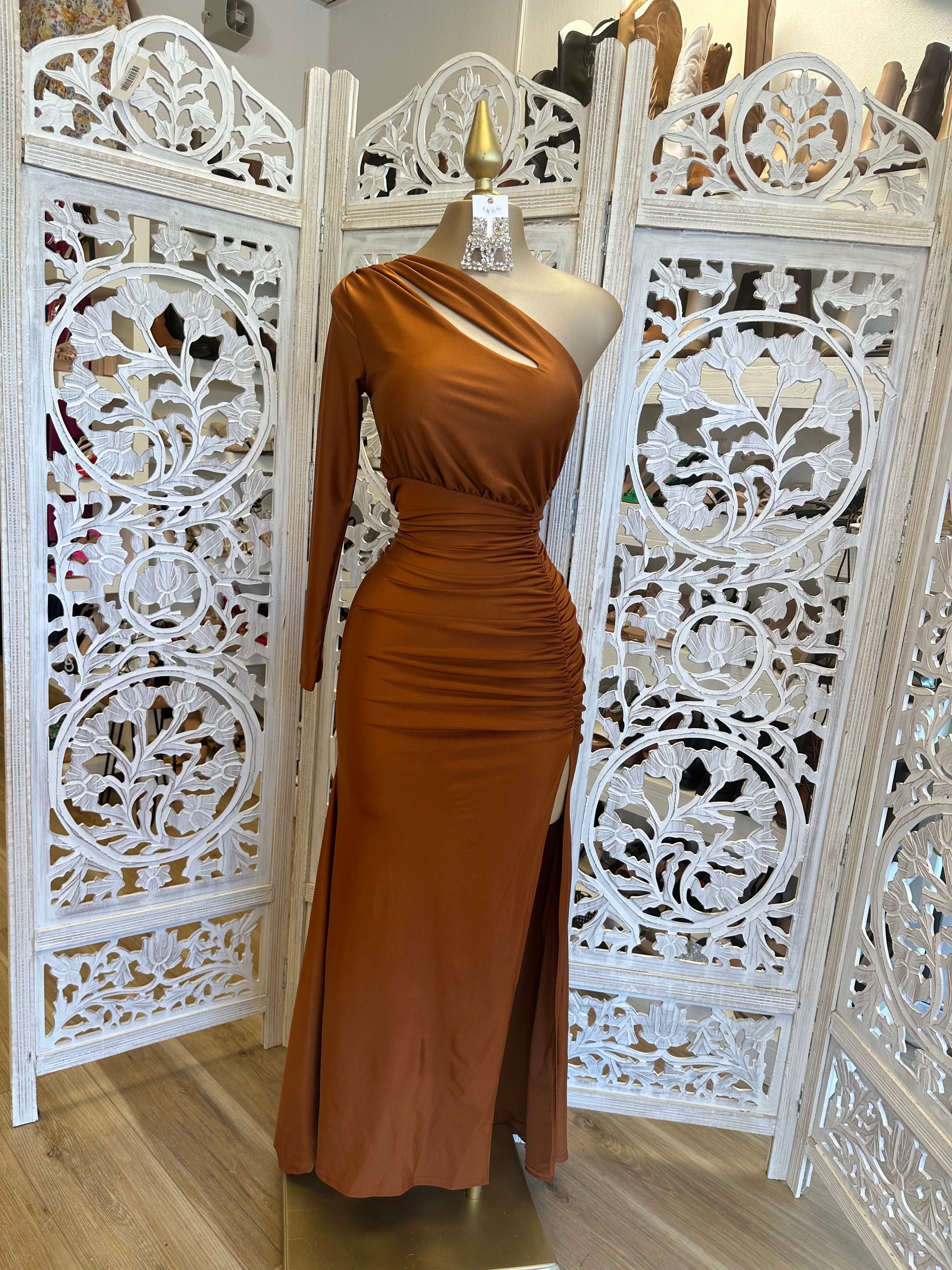 One-Shoulder Cutout Ruched  High Slit Maxi Dress