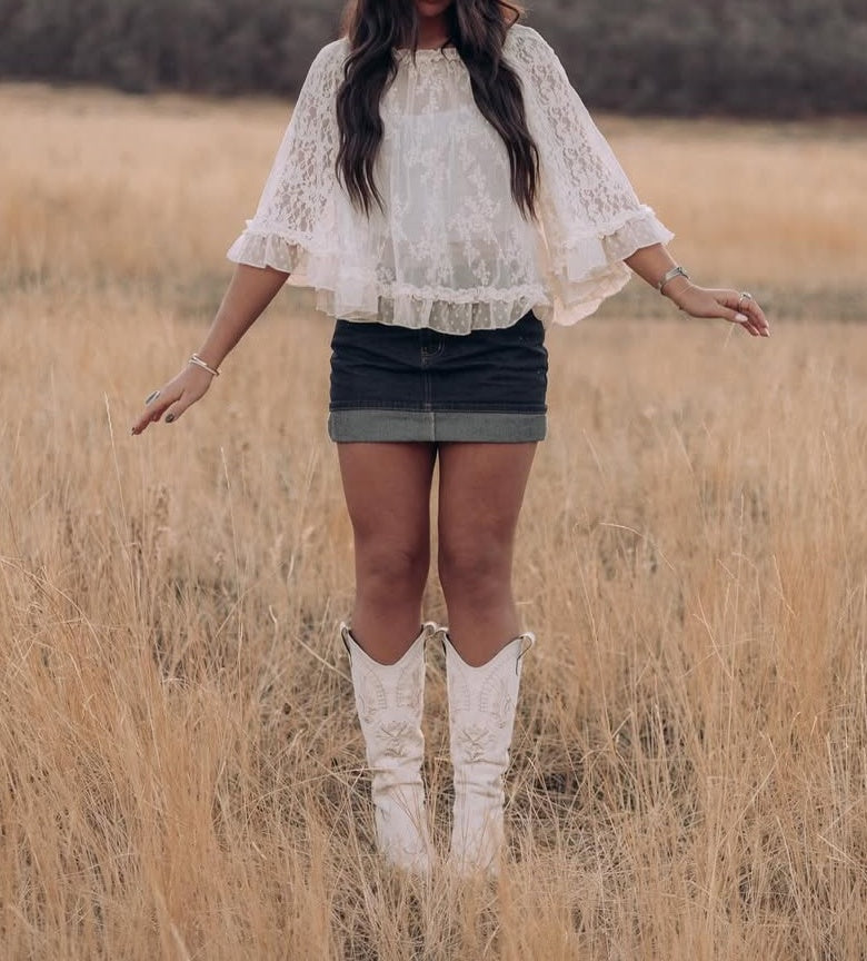 White Lace Ruffle Sleeve Top