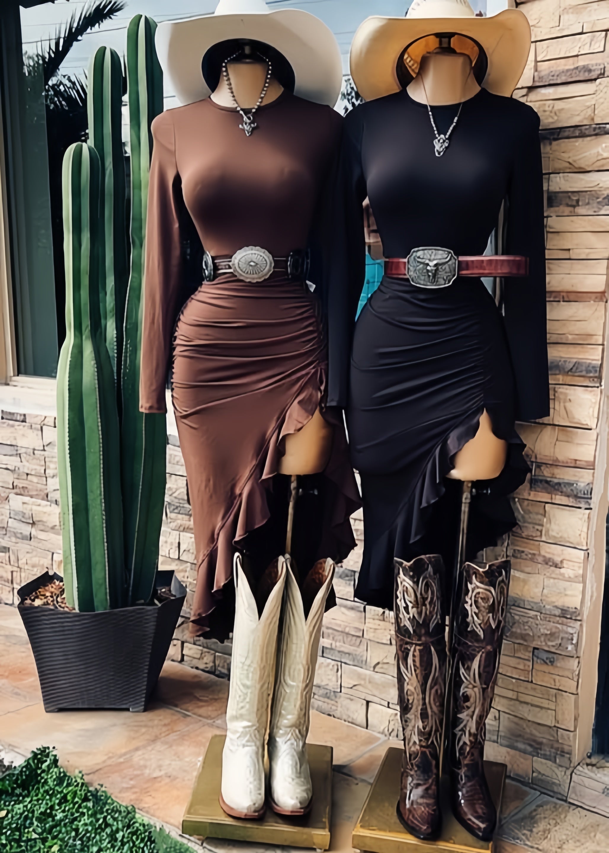 Western Ruched Ruffle Long-Sleeve Bodycon Dress