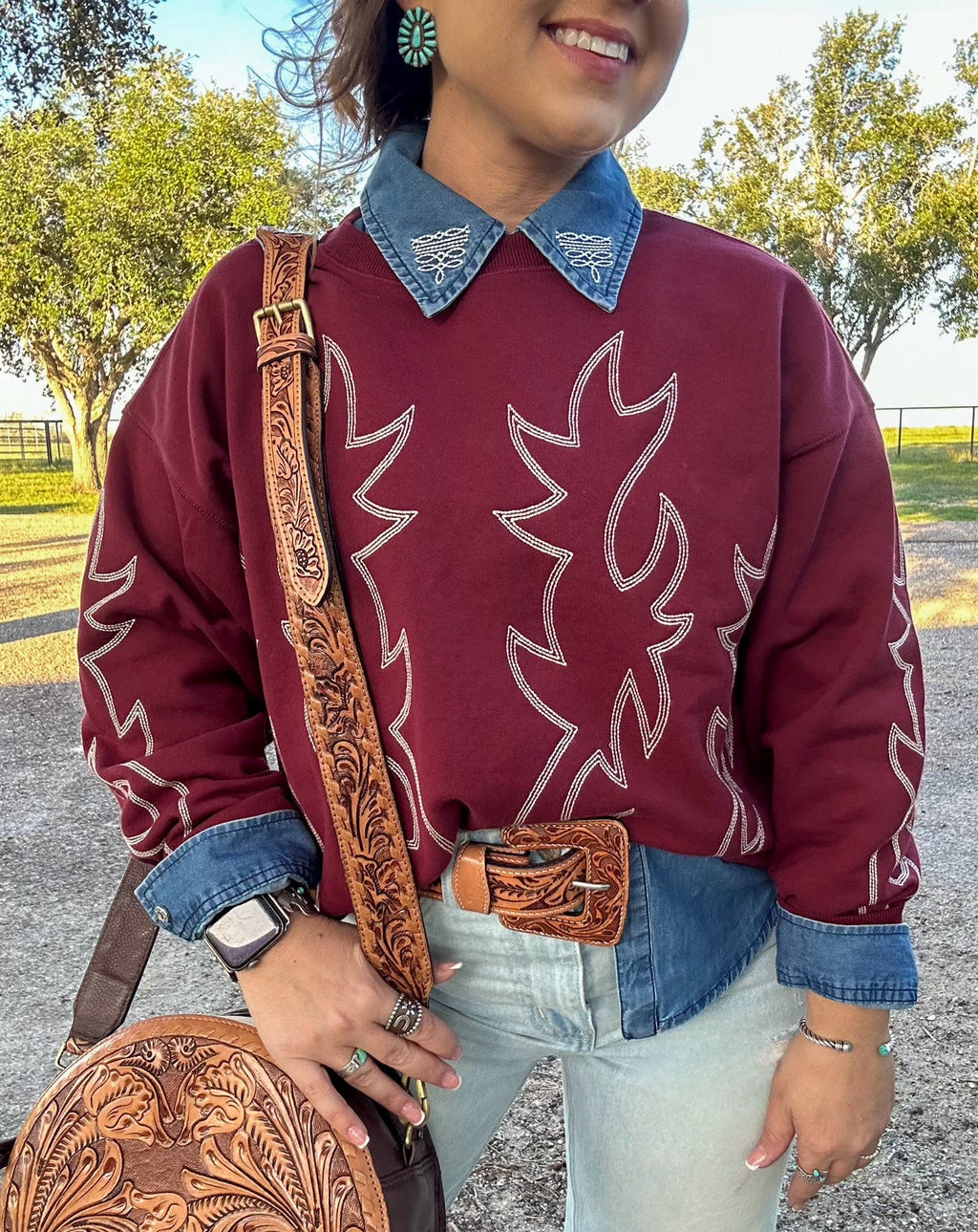 Western Boot Stitched Sweatshirt -Vintage Red