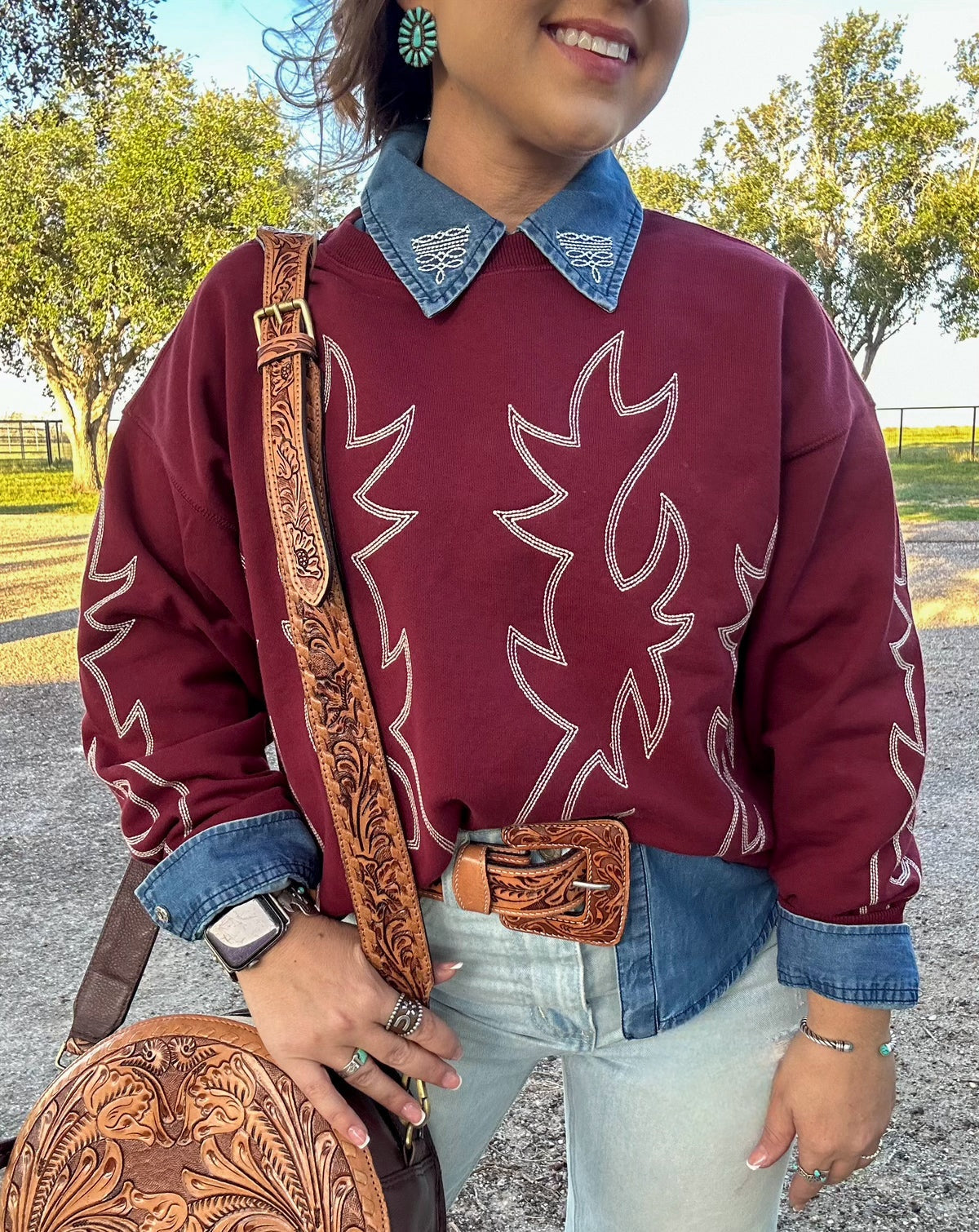 Western Boot Stitched Sweatshirt -Vintage Red