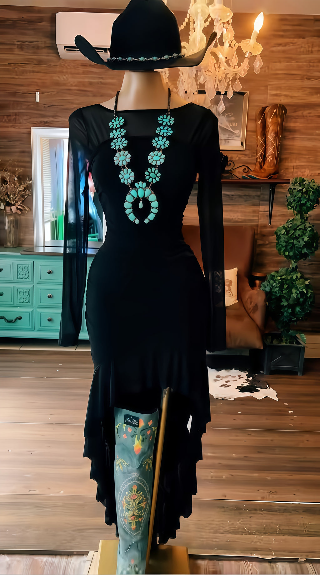 Western Black Ruffle Long Sleeve Slim Fit High-Low  Dress