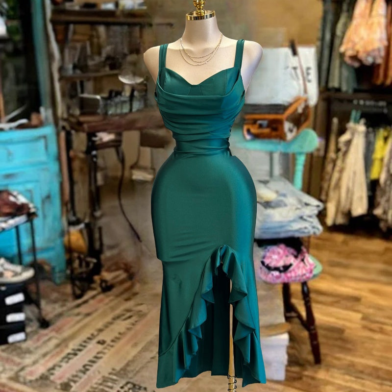 Thick Strap Heart Line Ruffle Dress -Burgundy&Green