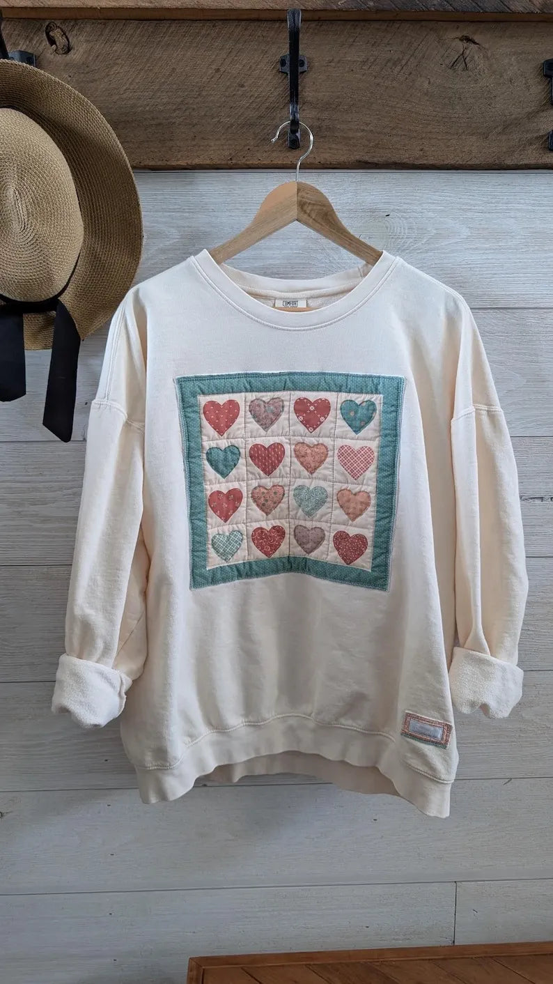 Vintage HEARTS Panel on Creamy Crewneck