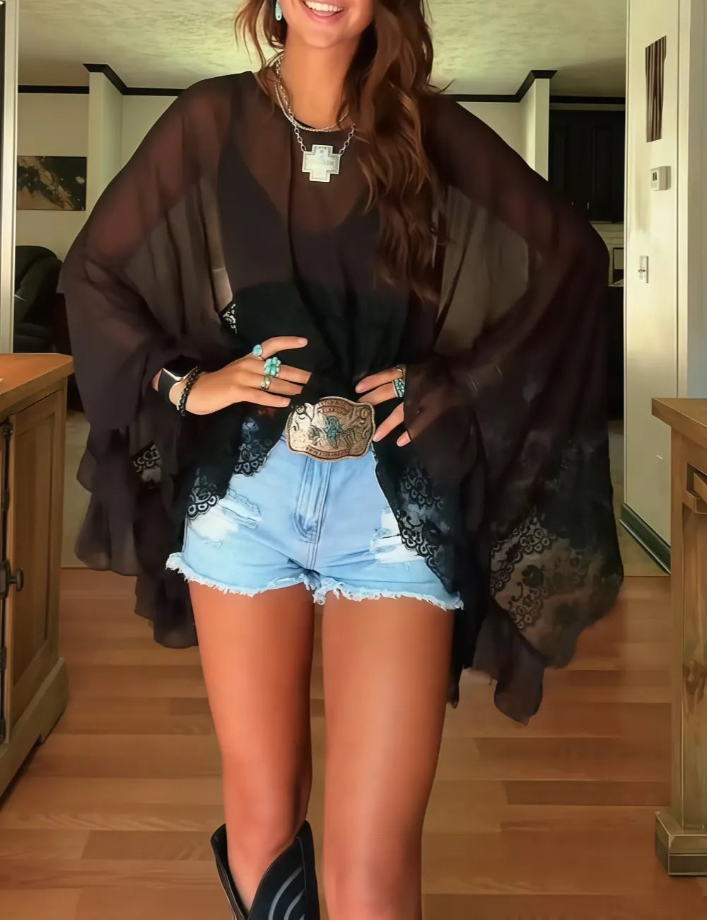 Women's Lace Hem Sheer Top
