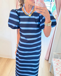 Navy and Blue Stripe Puff Sleeve Maxi Dress