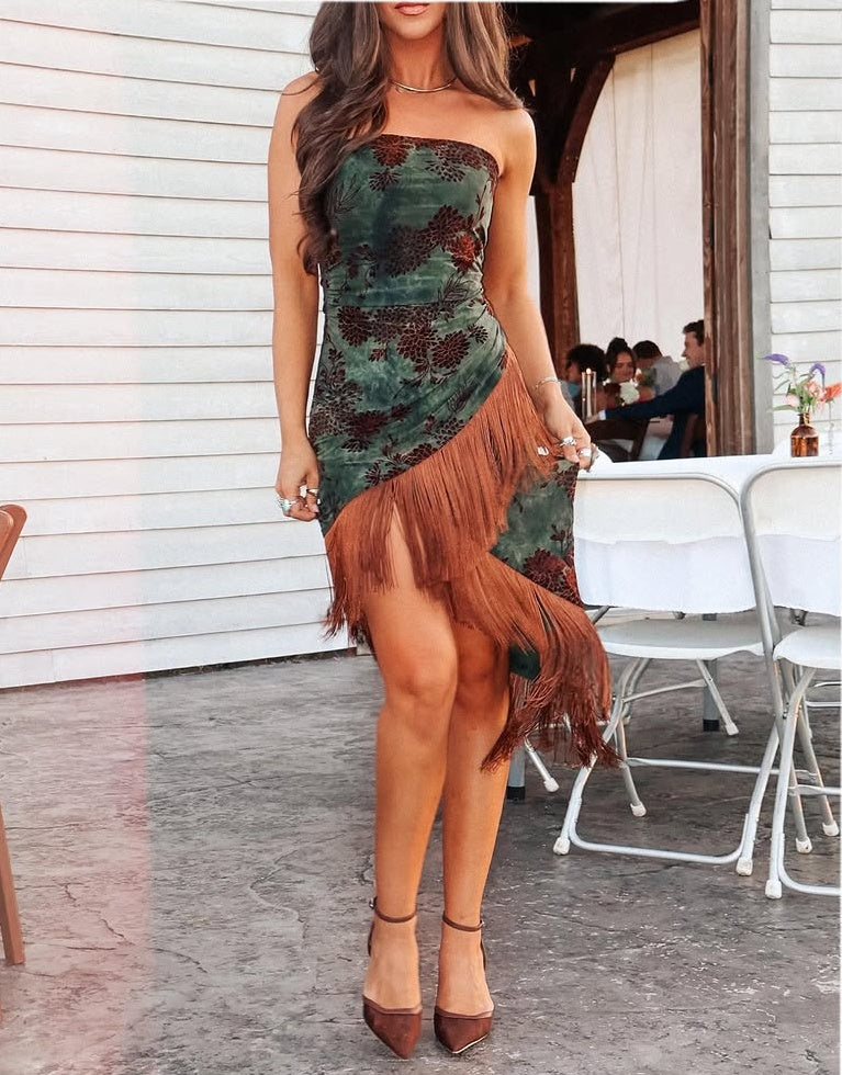 Elegant Asymmetrical Fringe Hemline Midi Dress