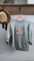 9 Patch Hearts Vintage Print on Sage Crewneck