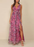 Garden Romance Magenta Floral Print Organza Maxi Dress
