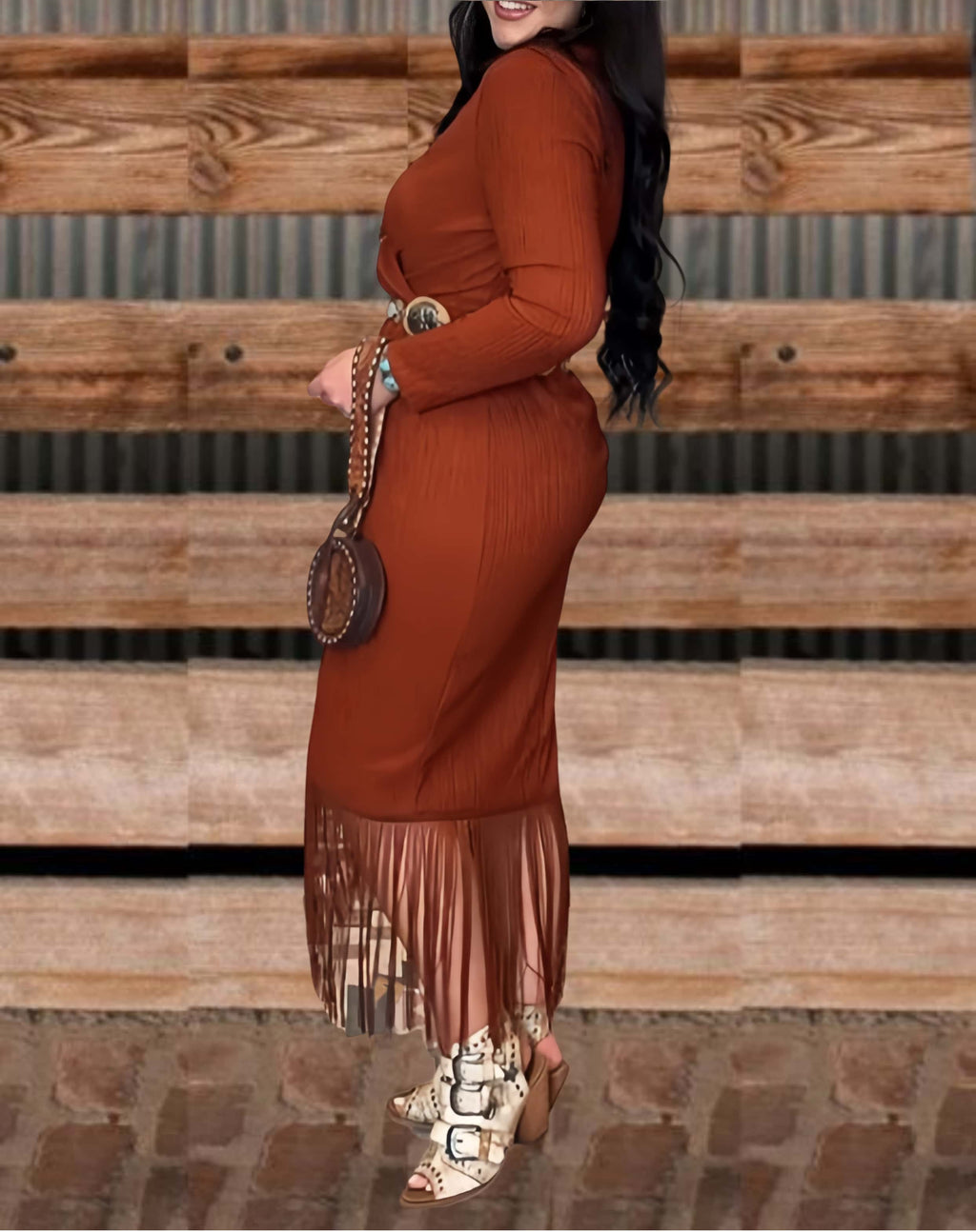 Rodeo Fringe Long Sleeve V-Neck Dress