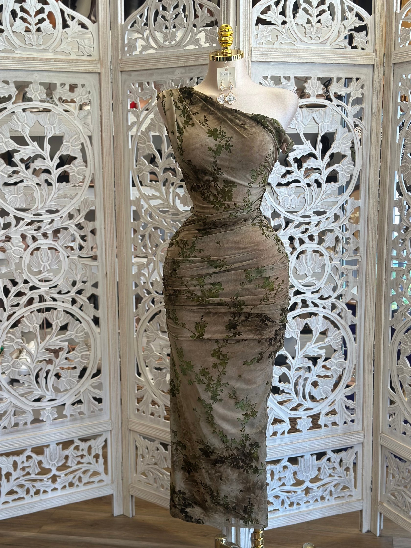 One Shoulder Asymmetrical Taupe Floral Midi Dress
