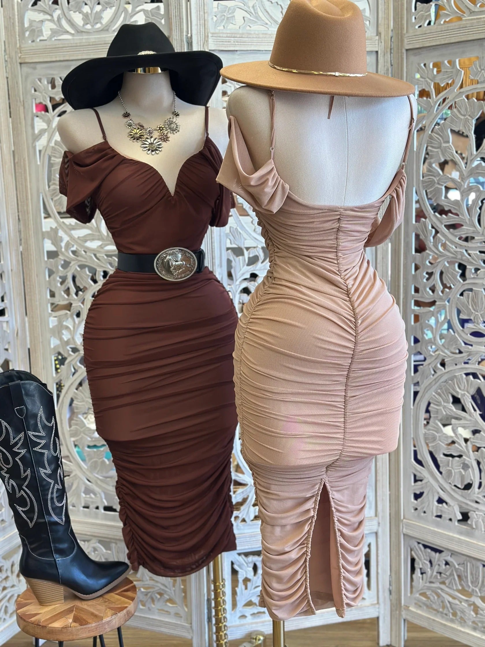 Western-Inspired Ruched Bodycon Midi Dress