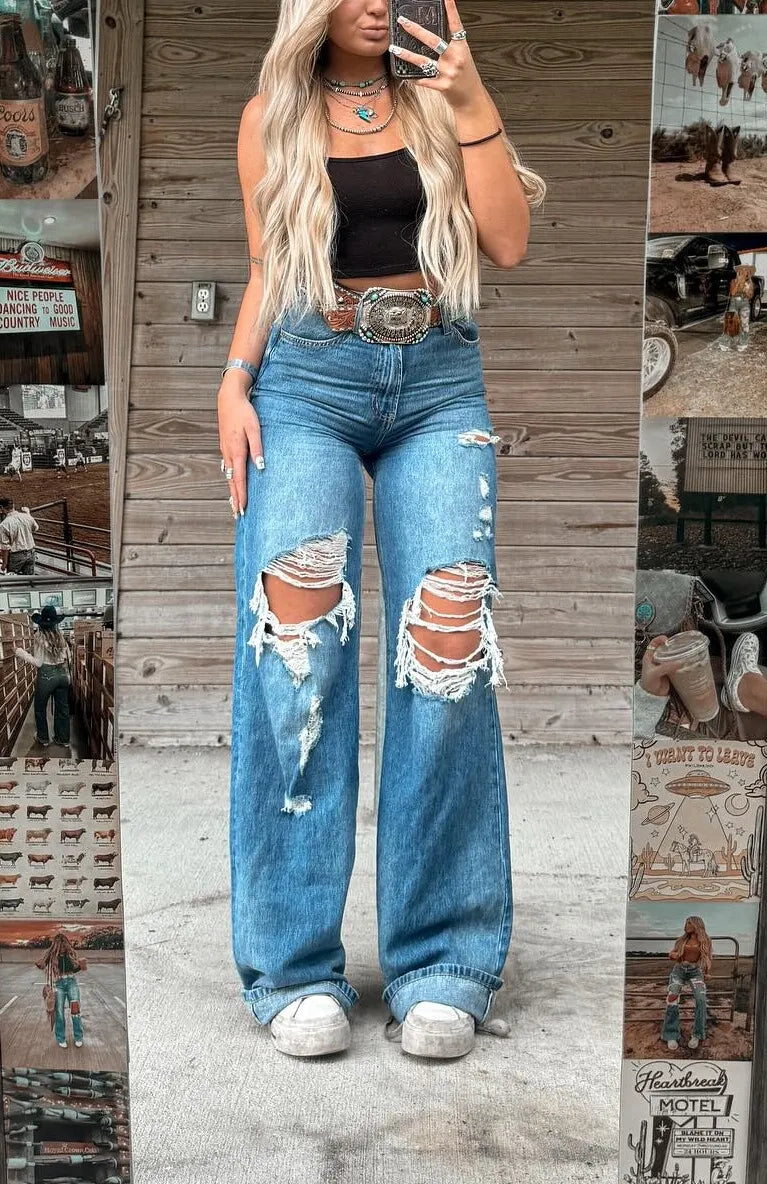 Washed Ripped Flared Wide-leg Jeans