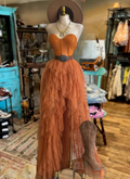 Coral Corset Ruffle Maxi Dress- Stretchy,Estira