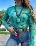 Vintage Western Special Symbols Mesh Top- Green