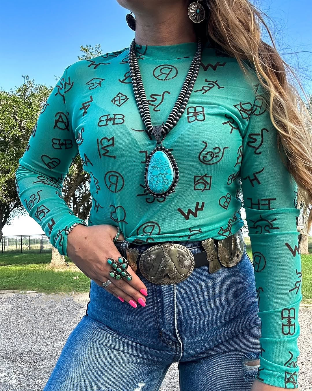 Vintage Western Special Symbols Mesh Top- Green