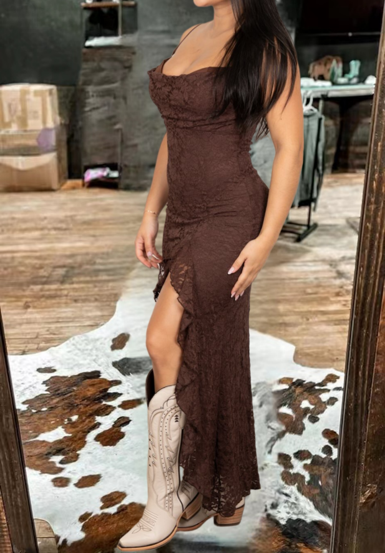 Pretty Lace Ruffled Slit Dress