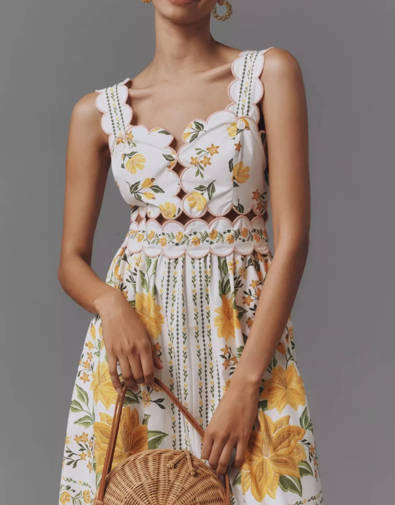 Sleeveless Scallop-Trim Printed Midi Dress