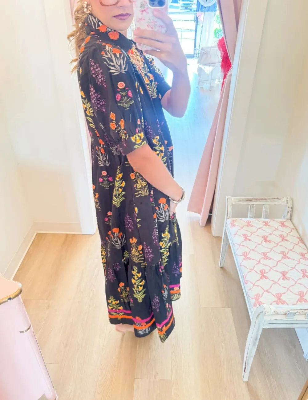 Black Floral Contrast Tiered Midi Dress