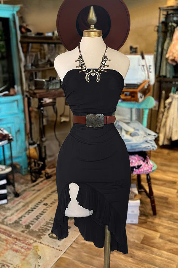 Strapless Hem Ruffled Mesh Dress