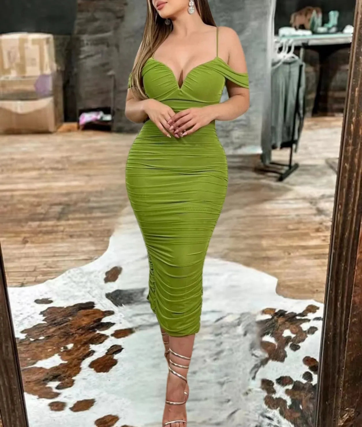 Western-Inspired Ruched Bodycon Midi Dress